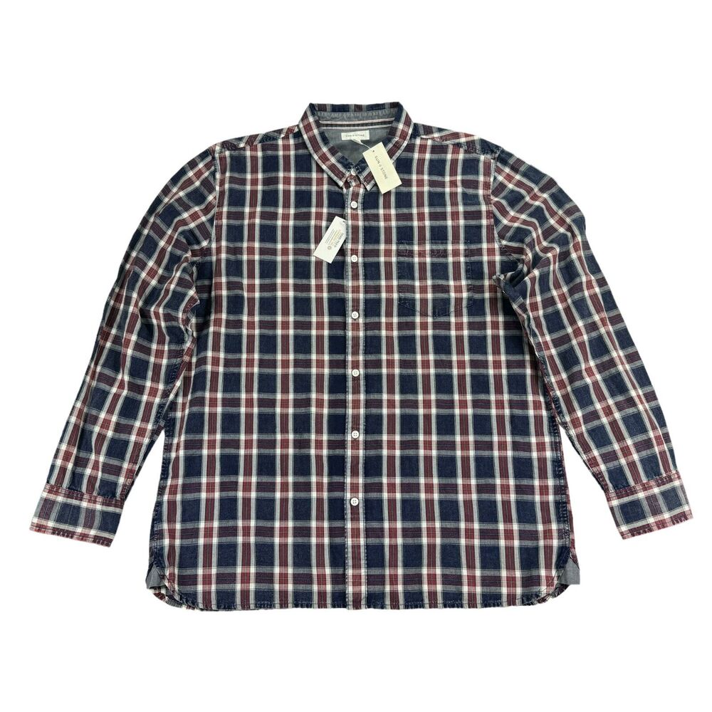 Sun + Stone Mens Dio Long Sleeve Plaid Button Down Shirt Navy Blue Red 2XL